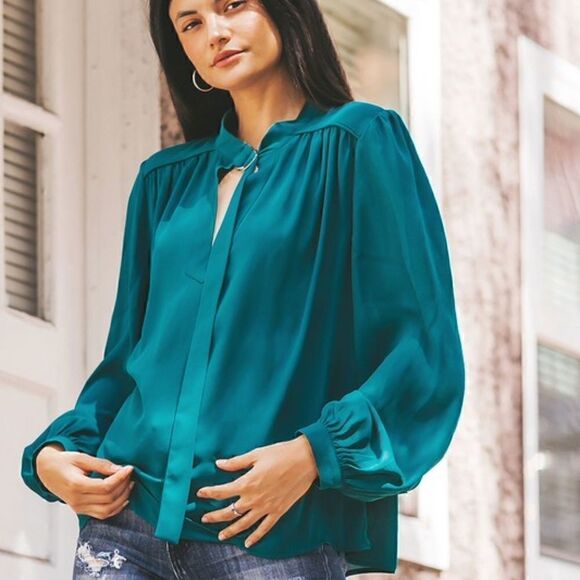 Teal Buckle Neck Blouse  - Picture 2 of 6